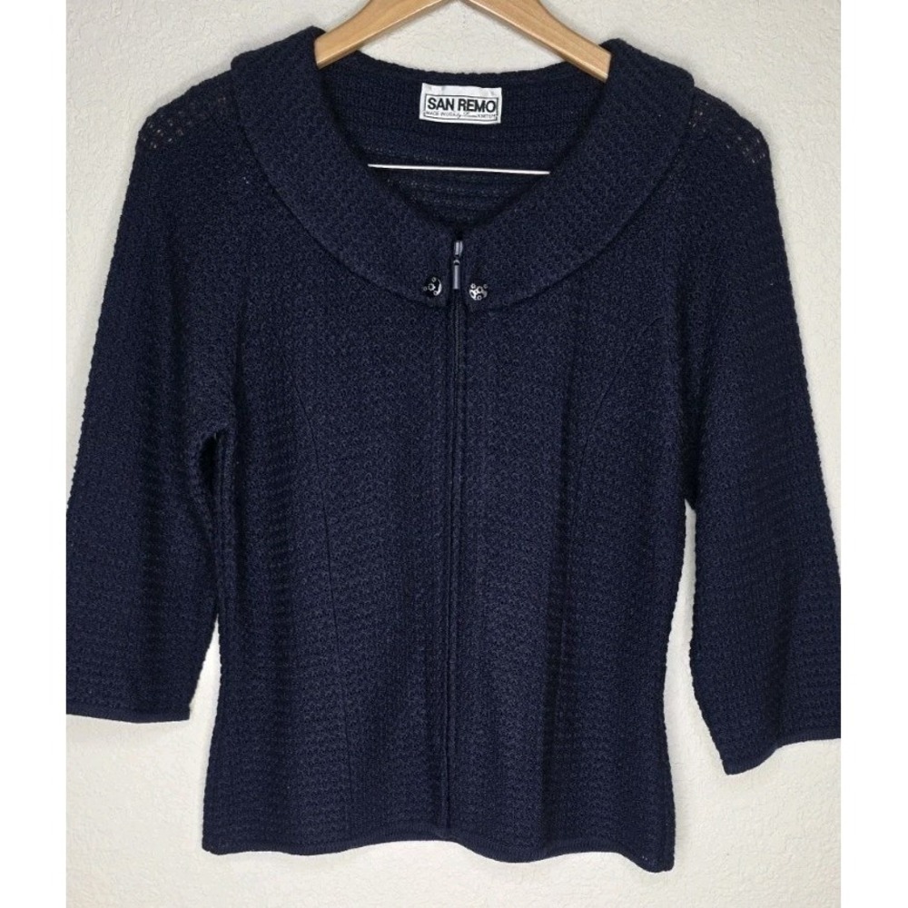 Vintage SAN REMO BY LAURA KNITS Cardigan Sweater Navy Rhinestone Trim Buttons